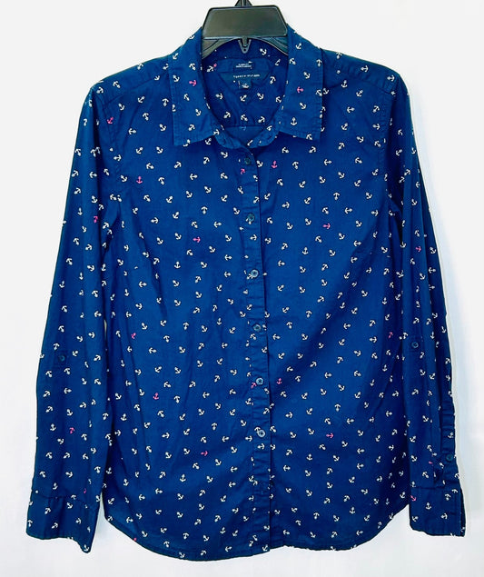 Tommy Hilfiger Women's Large Blue Button Up Shirt Anchor Print Top Long Sleeve