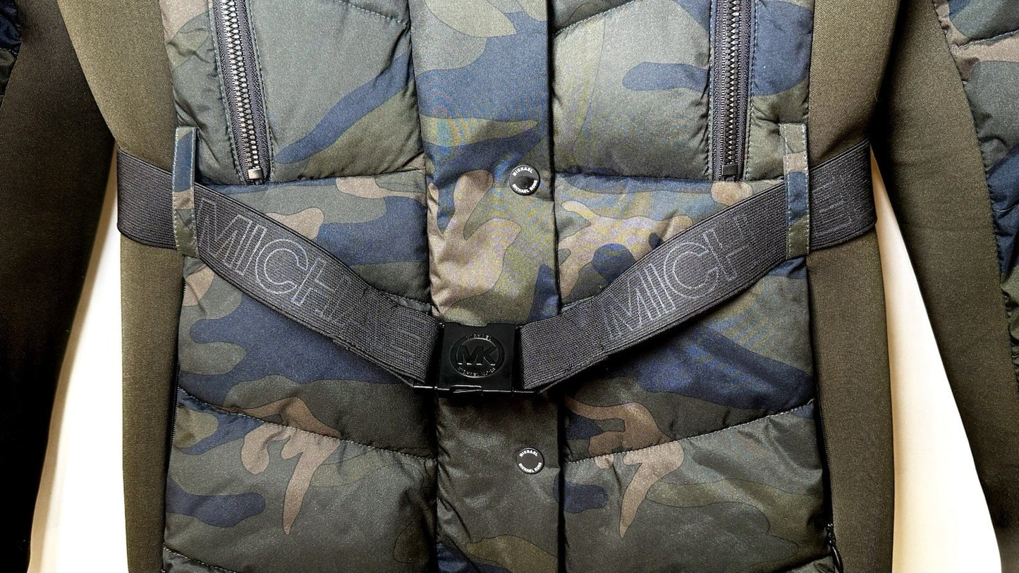 Michael Kors Camo Puffer Faux Fur Trim Hooded Coat Jacket Belted Size Large NWOT