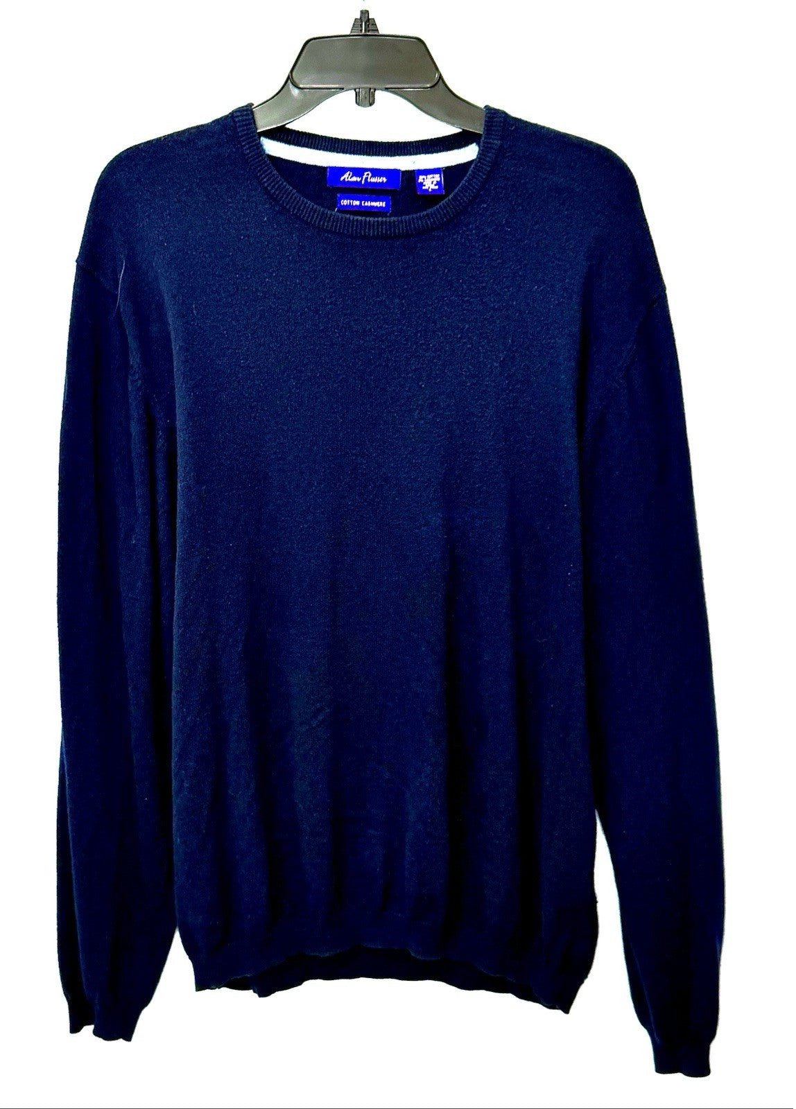 Alan Flusser Men’s Large Pullover Sweater Cotton Cashmere Blue Argyle Crew Neck