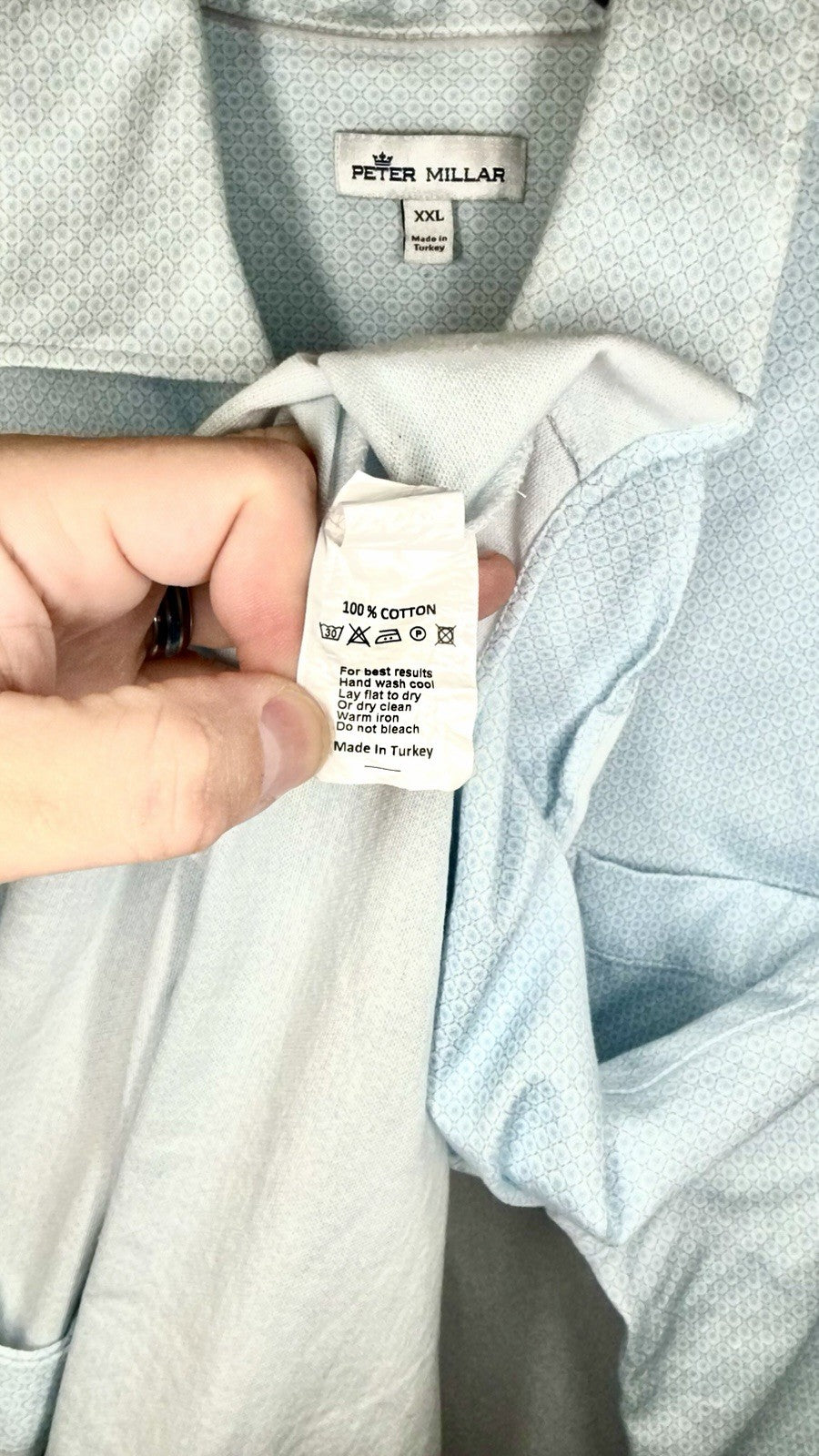 Peter Millar Button Up Shirt Mens XXL White Blue Geometric Cutaway Collar Casual