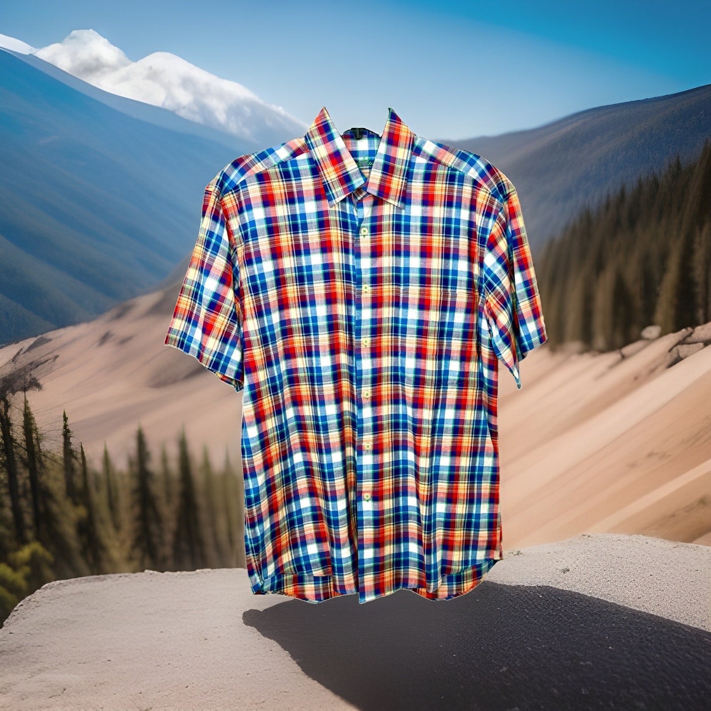 Alan Flusser Men's Small Plaid Short Sleeve Button Down Shirt 100% Cotton RN9793