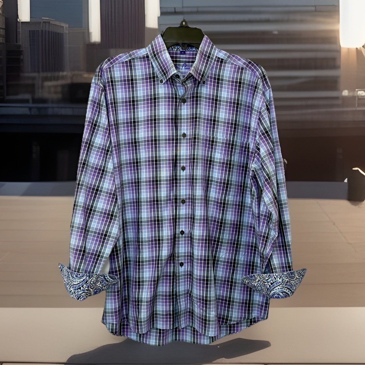 Alan Flusser Mens Medium M Purple Plaid Paisley Trim LS Button Front Sport Shirt