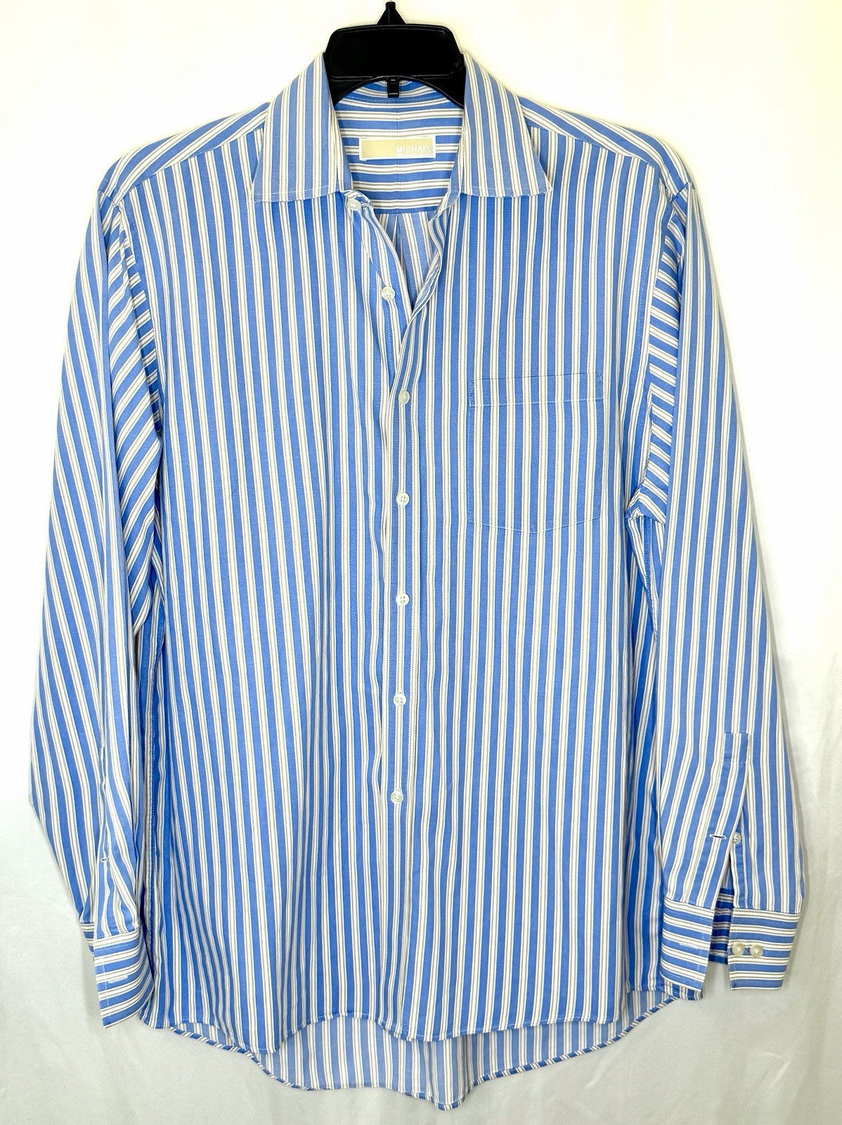 MICHAEL KORS Mens Button-Up Dress Shirt Large 16.5 34/35White Blue Stripe Cotton