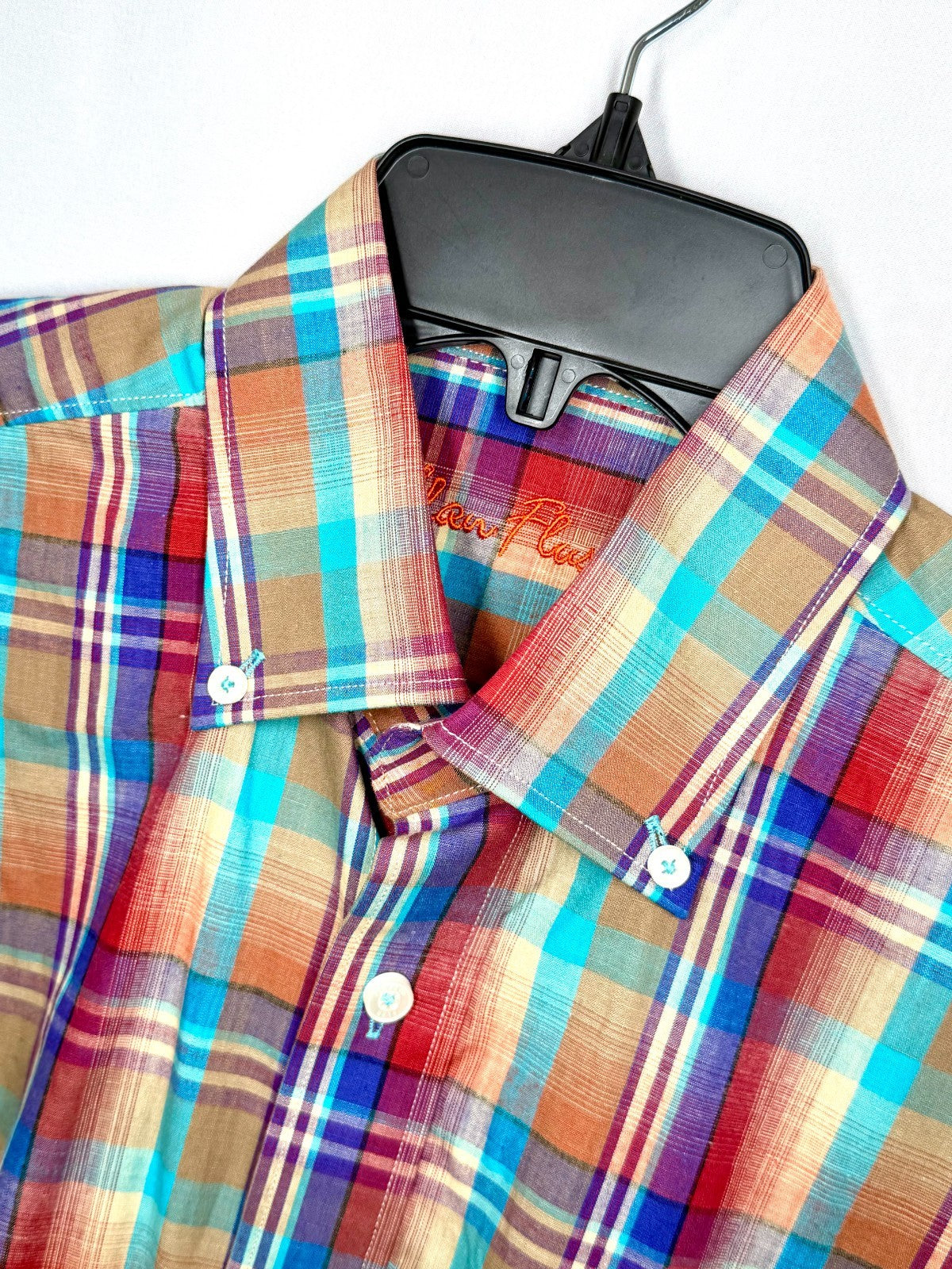 Alan Flusser Men's Small Plaid Short Sleeve Button Down Shirt 100% Cotton RN9793