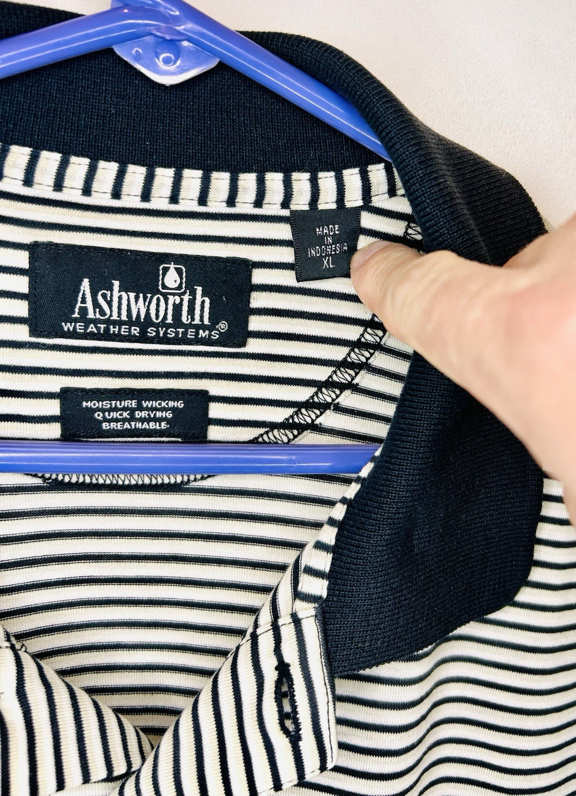 Ashworth Polo Striped Golf Shirt - White/Navy - Men’s XL - Breathable
