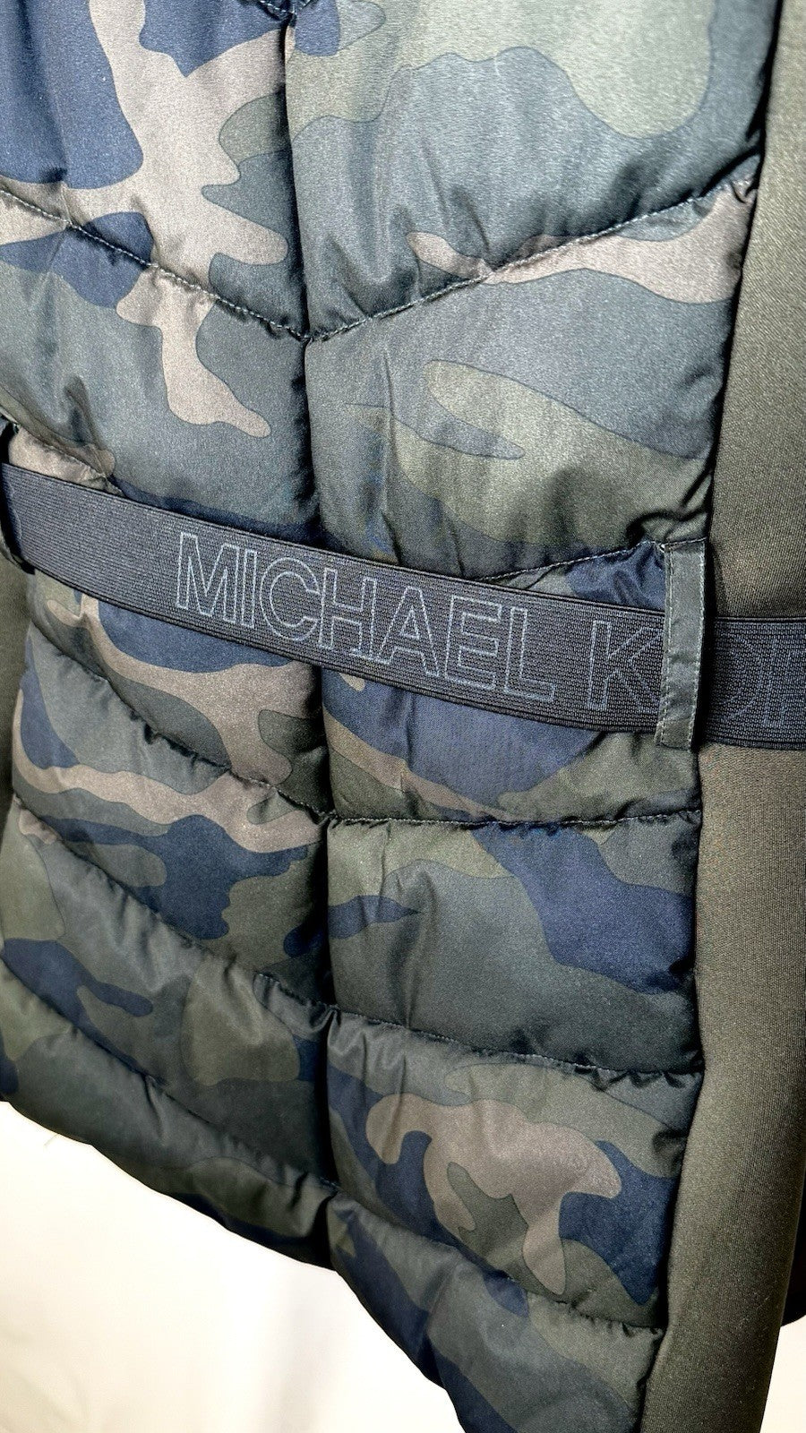 Michael Kors Camo Puffer Faux Fur Trim Hooded Coat Jacket Belted Size Large NWOT