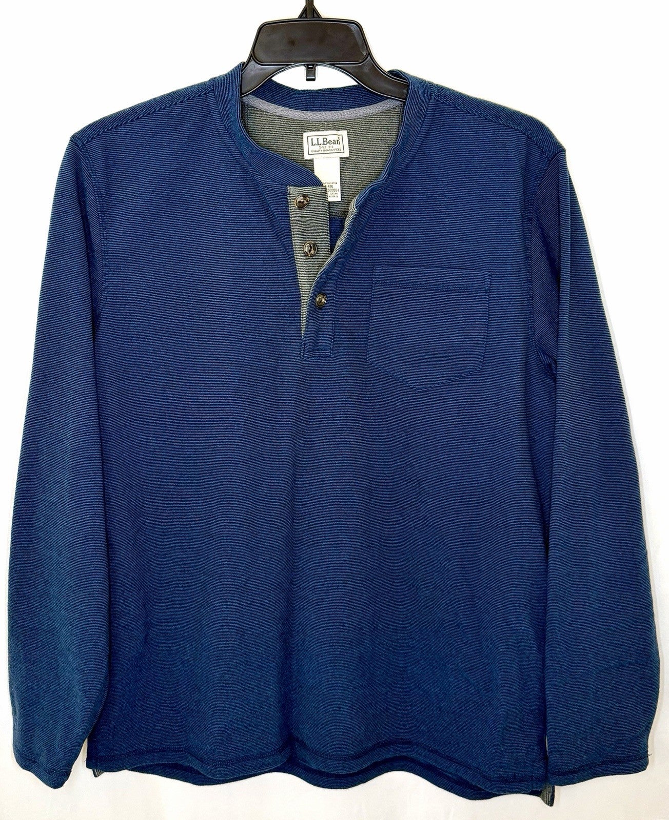 LL Bean Slightly Fitted Waffle Henley Blue Long Sleeve Thermal Shirt Large Reg