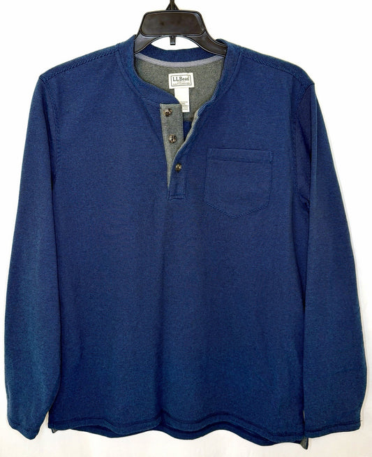 LL Bean Slightly Fitted Waffle Henley Blue Long Sleeve Thermal Shirt Large Reg