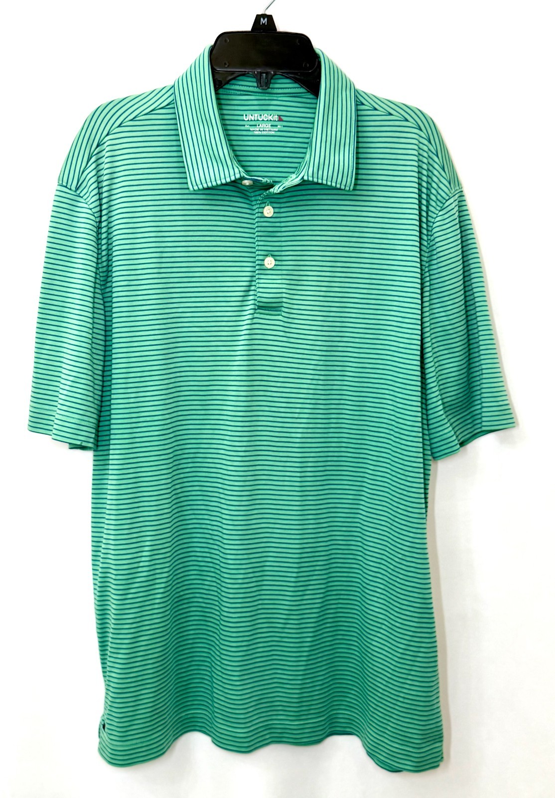 UNTUCKit Shirt Mens Large Axios Green Blue Striped 100% Cotton Polo Short Sleeve