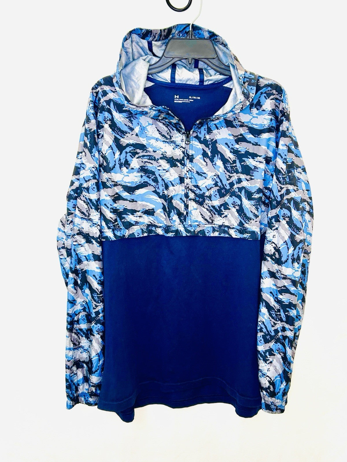 Under Armour Jacket Mens XL Blue Camo Sportstyle Anorak 1/4 Zip Hood Pullover