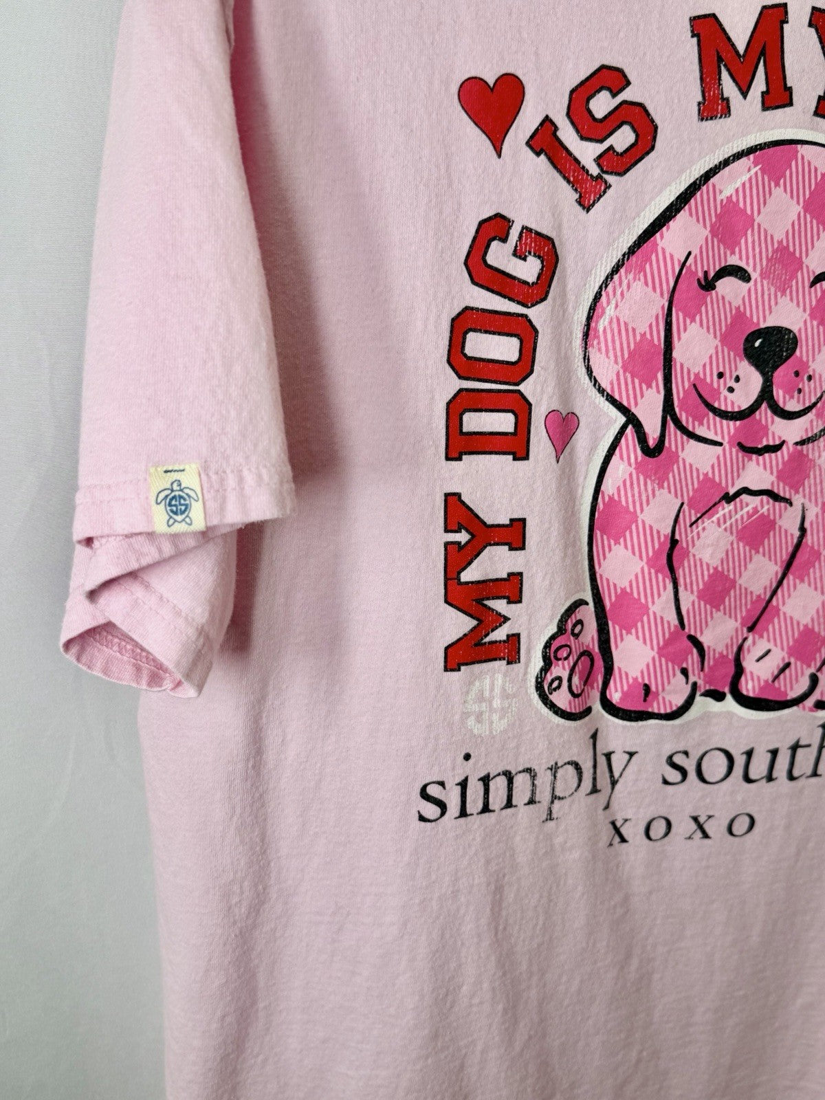 Simply Southern Womens Large L Pink My Dog Is My Valentine Shirt Plaid Puppy EUC