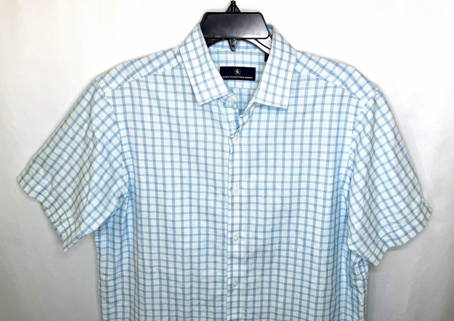 HART SCHAFFNER MARX Shirt size M white blue plaid Button up short sleeve