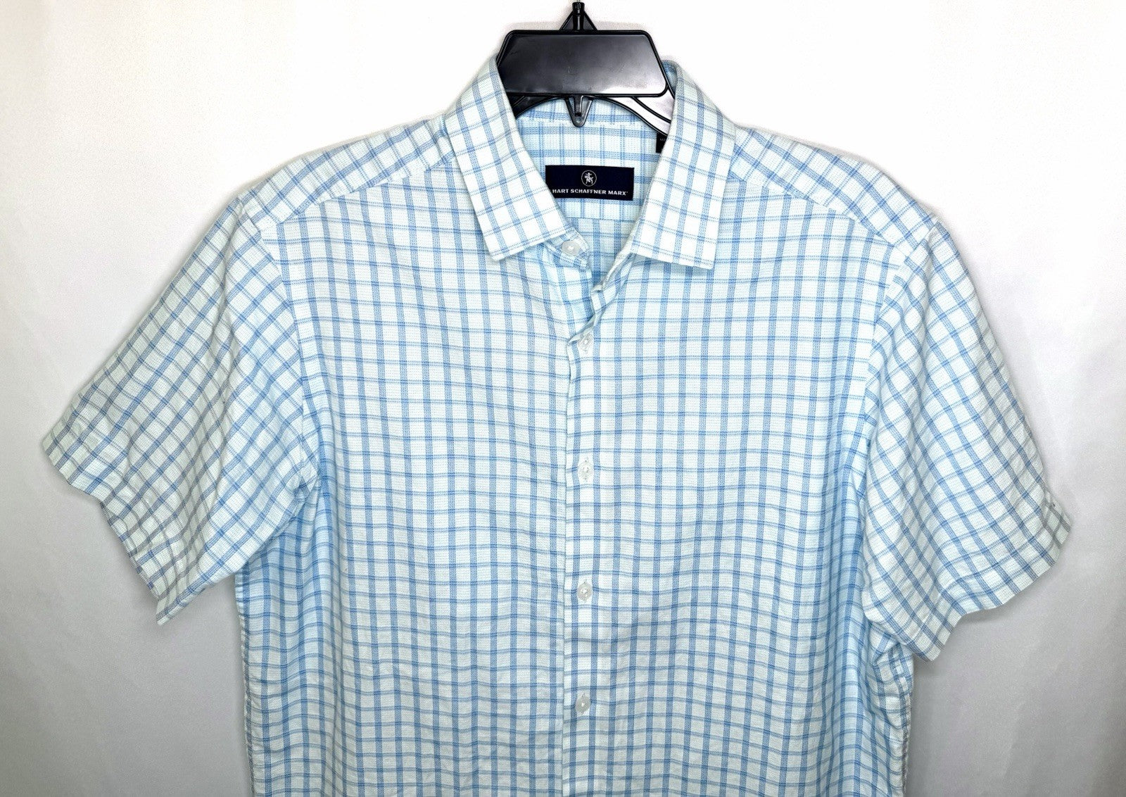 HART SCHAFFNER MARX Shirt size M white blue plaid Button up short sleeve