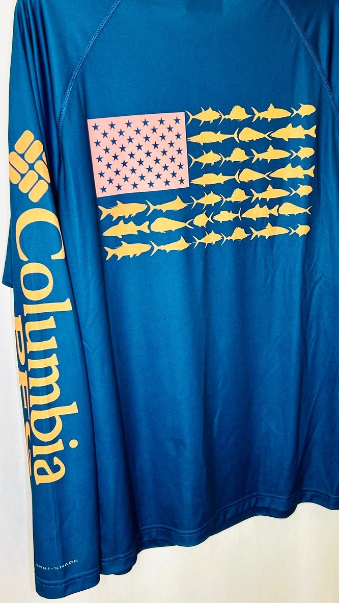Columbia Fishing Shirt Mens Long Sleeve Fish USA Flag Blue Size Medium