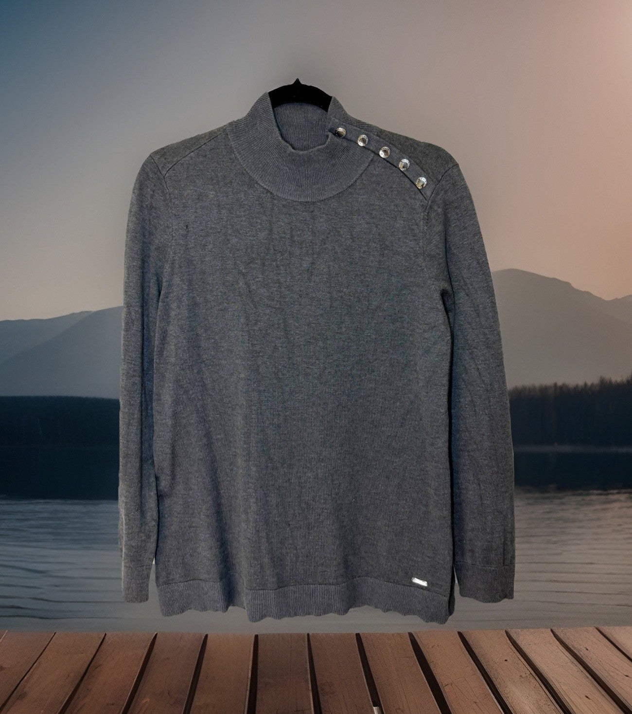 Calvin Klein Womens Turtleneck Grey Sweater Long sleeve M Gold Buttons