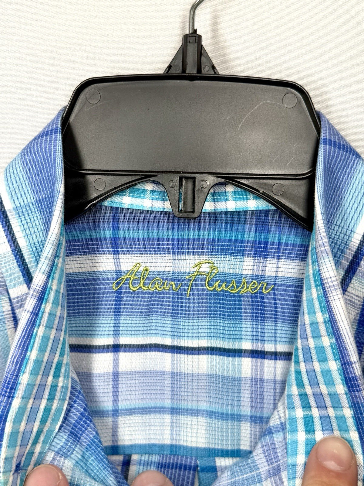 Alan Flusser Men Shirt Medium M Blue Plaid Long Sleeve Button Down Cotton Casual