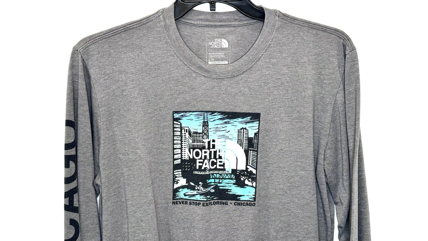 THE NORTH FACE Never Stop Exploring CHICAGO Grey L/S Graphic Tee Size Large RARE