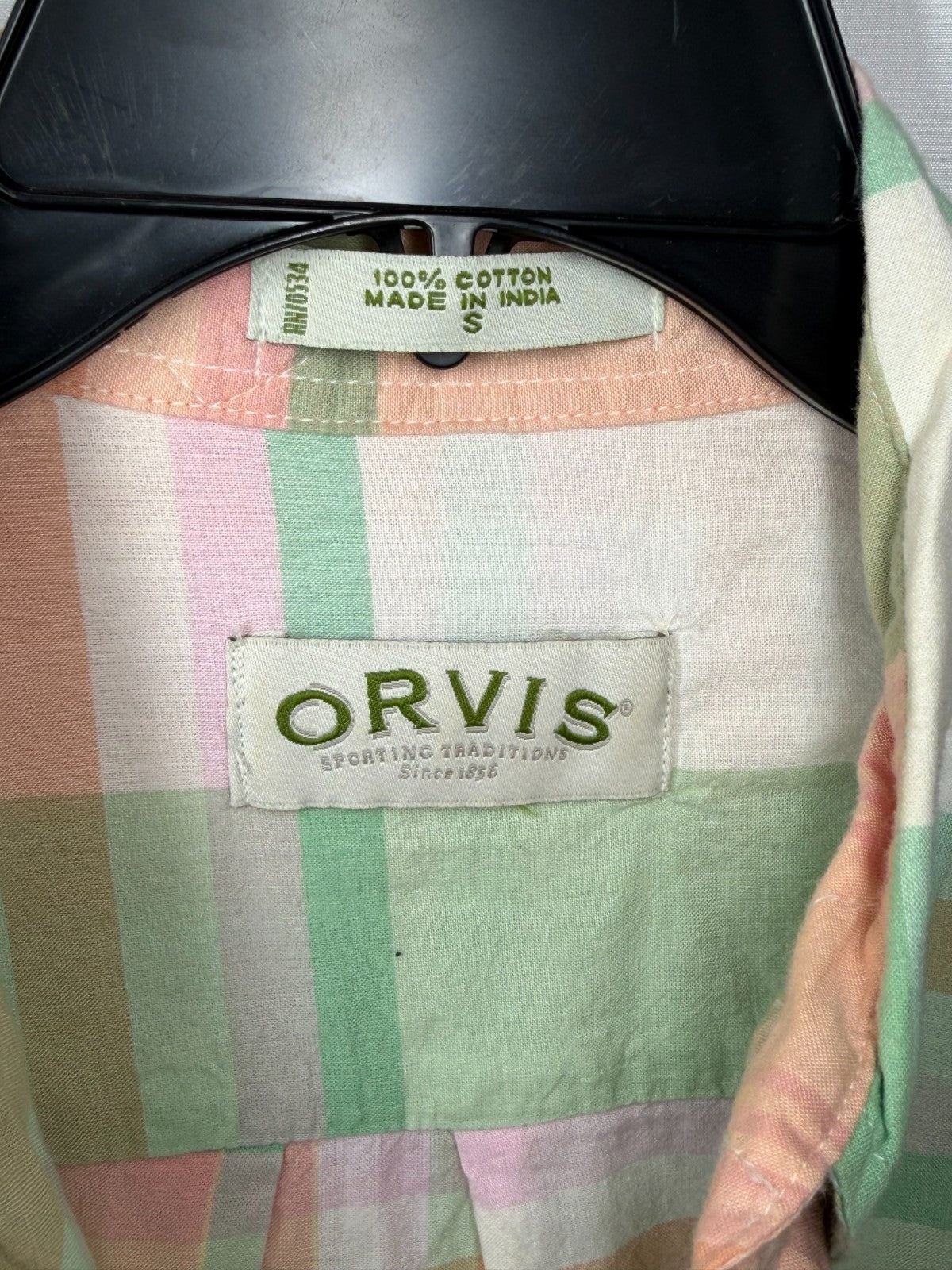 Orvis Mens Shirt S Small Green Orange Plaid Short Sleeve Cotton Button Down