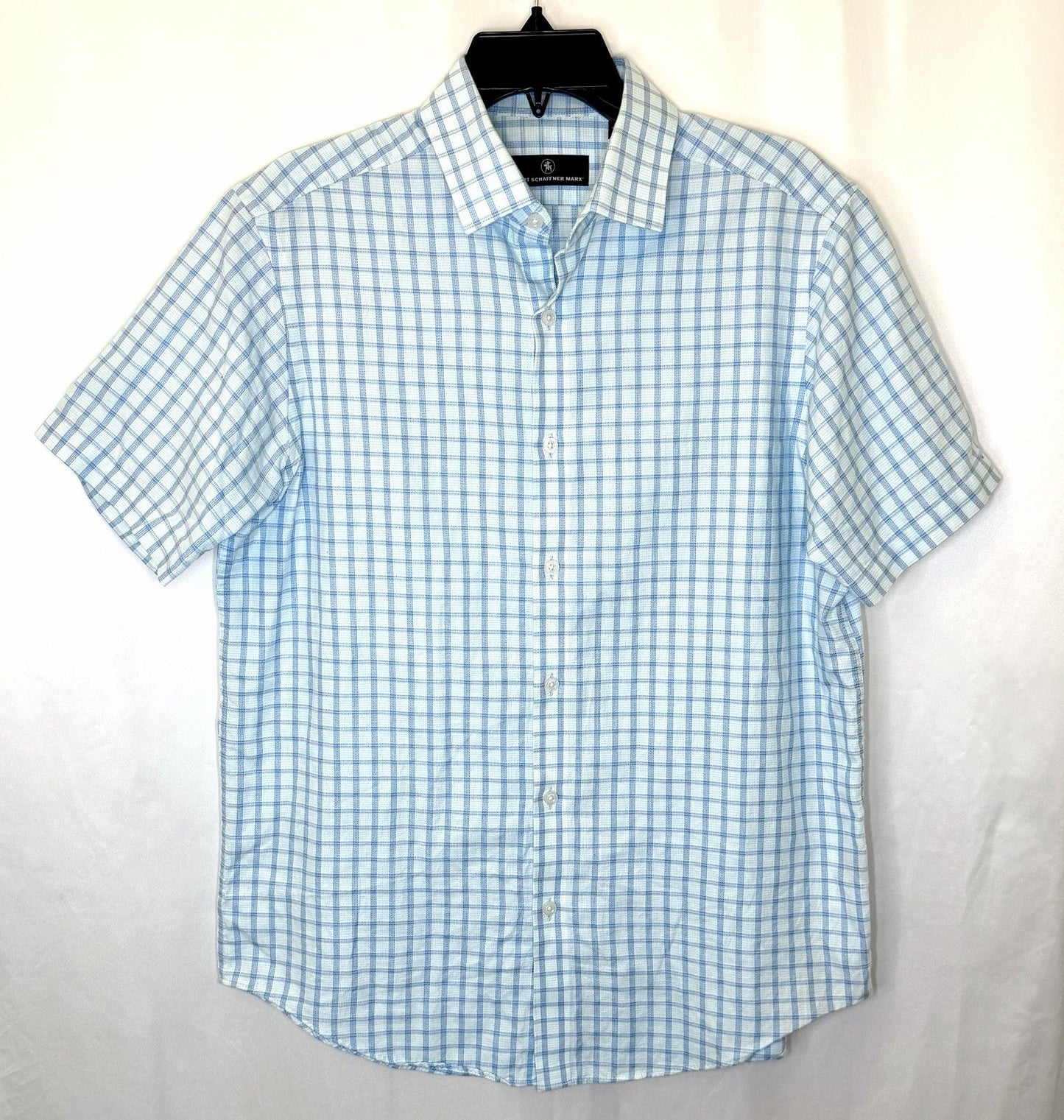 HART SCHAFFNER MARX Shirt size M white blue plaid Button up short sleeve