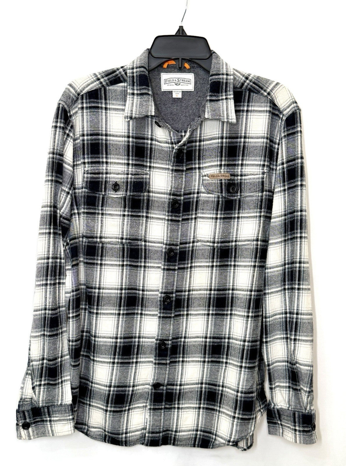 FIELD & STREAM Mens XL Flannel Shirt Black White Plaid Long Sleeve Heavyweight