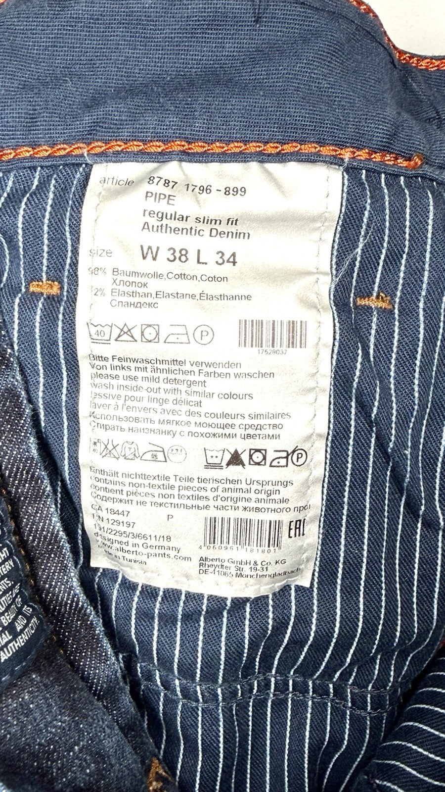 Alberto Pipe Regular Slim Fit Denim Blue Dark Wash 38x30 (Tag 38x34) $245 Retail