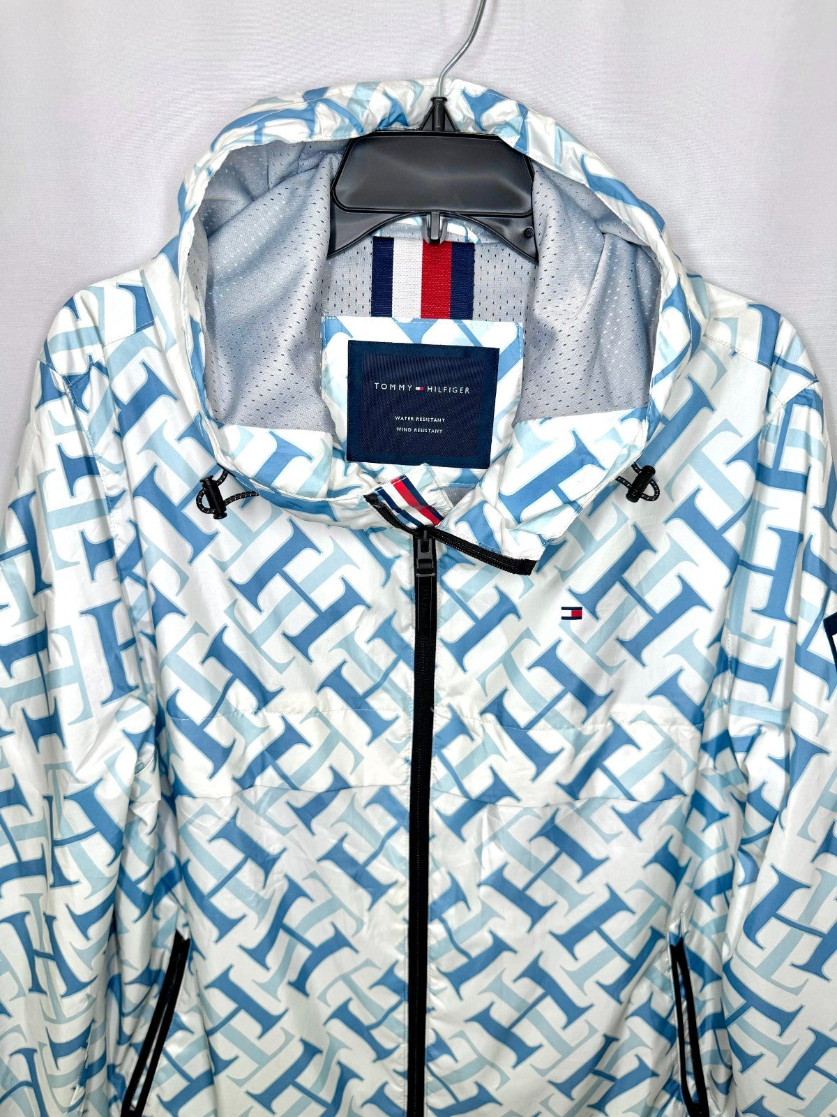 Tommy Hilfiger Womens M Windbreaker Jacket Hooded Monogram Print Water Resistant