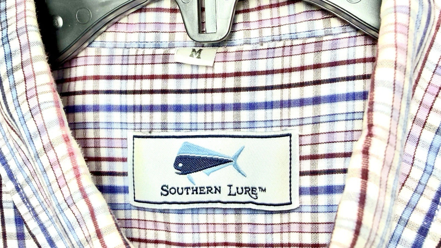 Southern Lure Shirt Men Large Long Sleeve Button Up Red White Blue Check w Logo