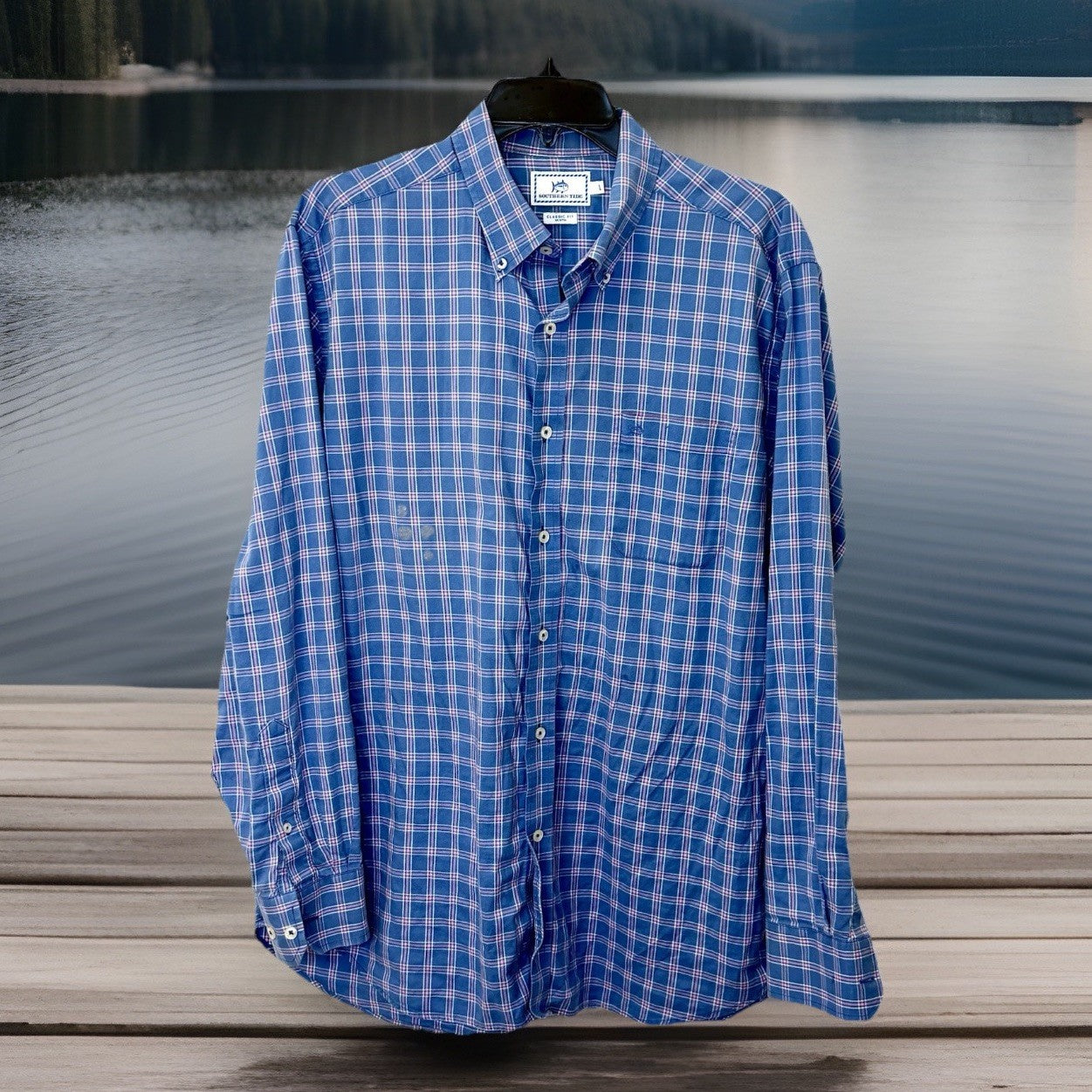 Southern Tide Shirt Mens Large Skipjack Heather Blue Plaid Sport Button Down