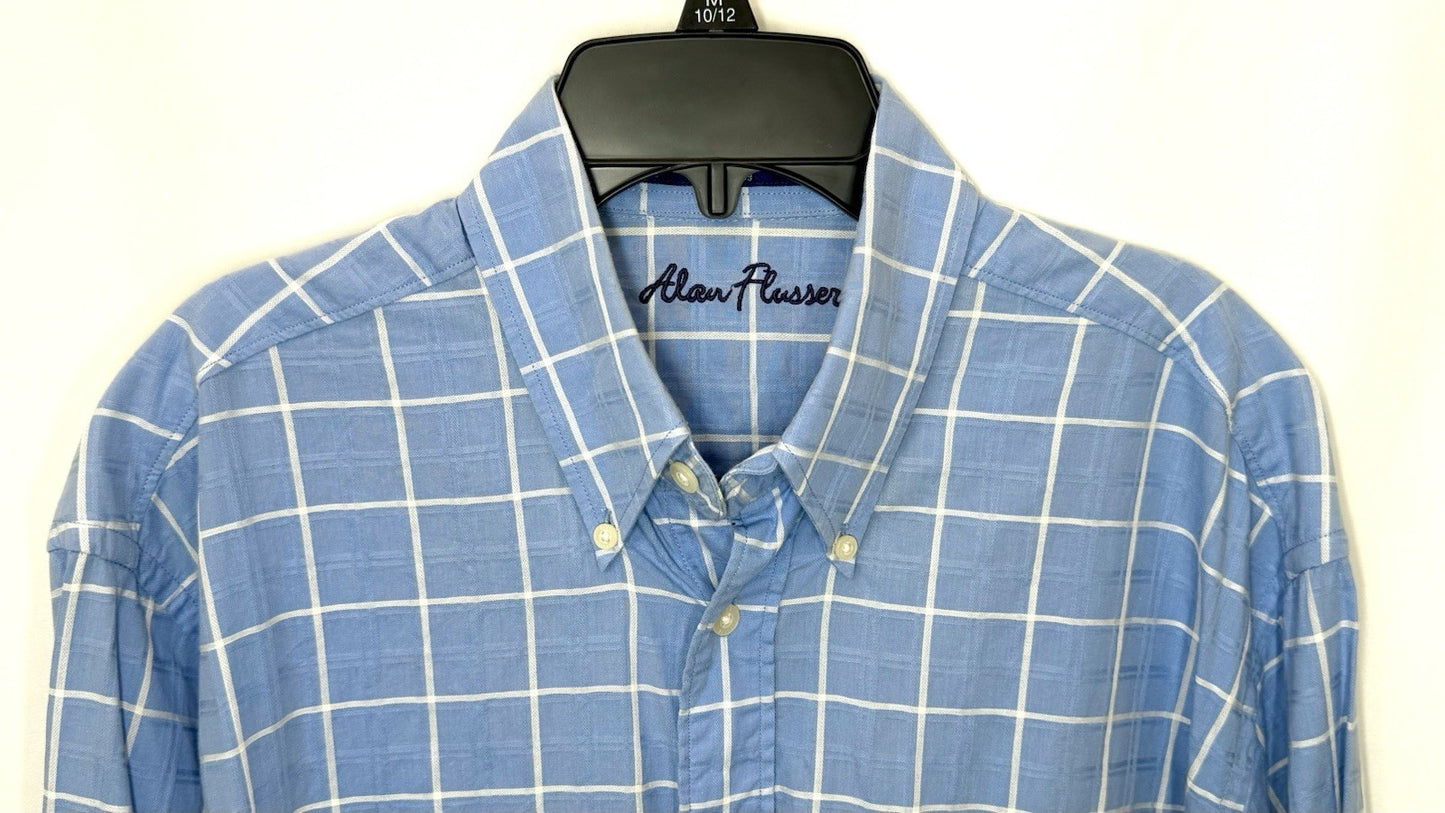 Alan Flusser Men’s Medium Blue Checkered Button Up Mens Shirt Plaid L/S Cotton