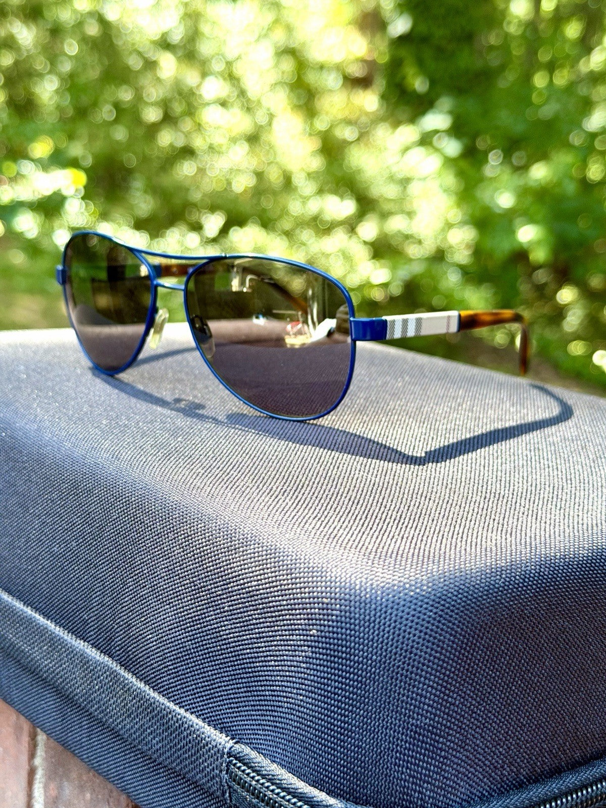 Burberry BE3080 Navy Blue Aviator Sunglasses Check Pattern Temples 59-14-135