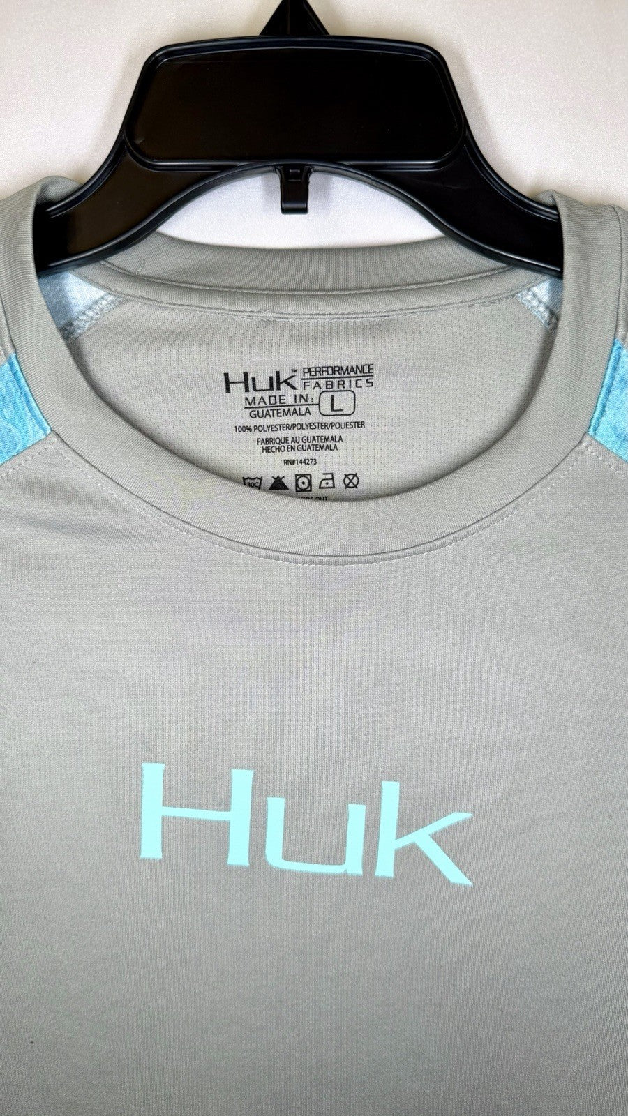 Huk Performance Fishing Shirt Strike Solid Long Sleeve Large Gray w/Blue Logo