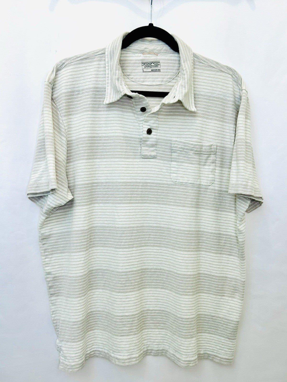 Patagonia Mens Large Trail Harbor Beige Striped Hemp Cotton Golf Polo Shirt