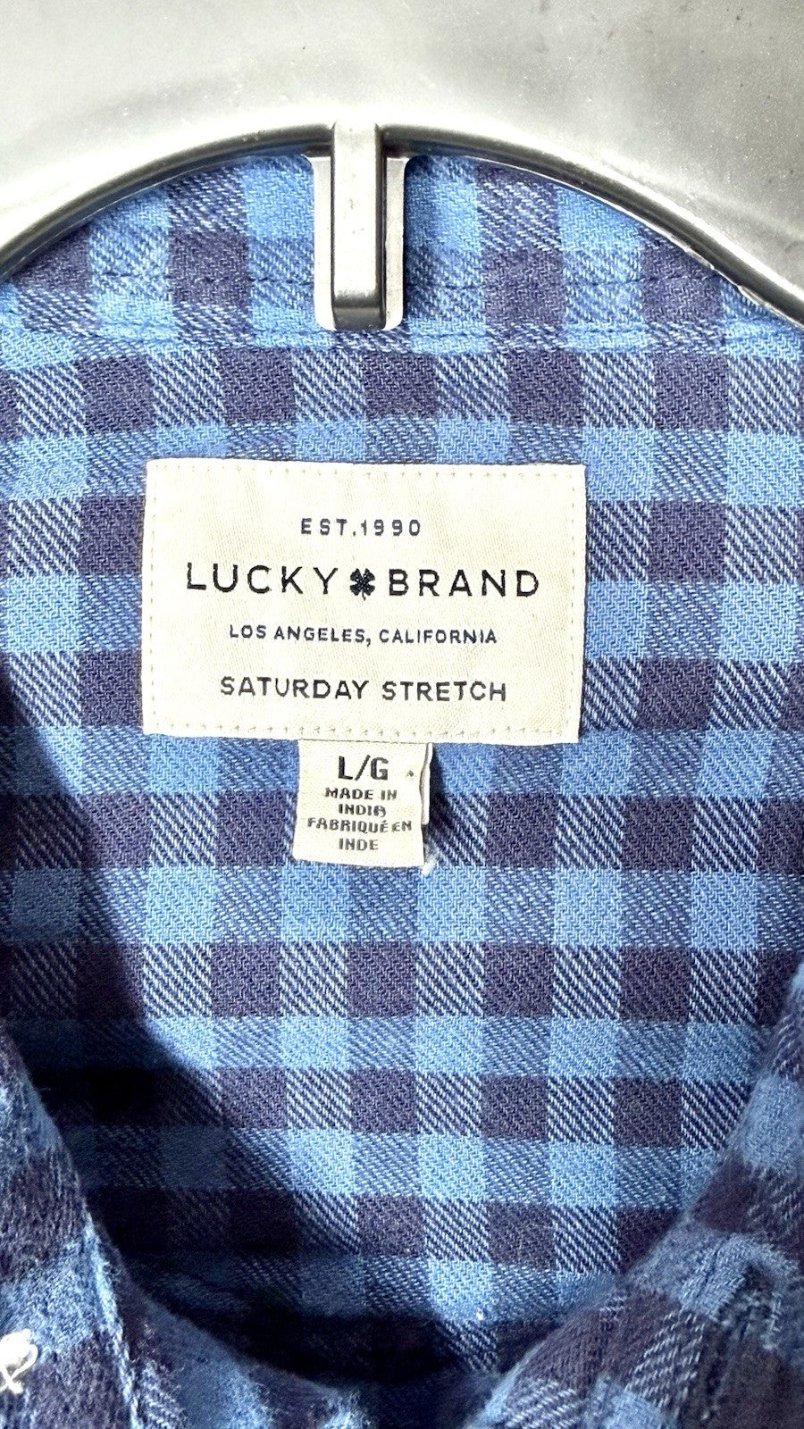 Lucky Brand Saturday Stretch Blue Plaid Men’s Large Pearl Snap Flannel Shirt