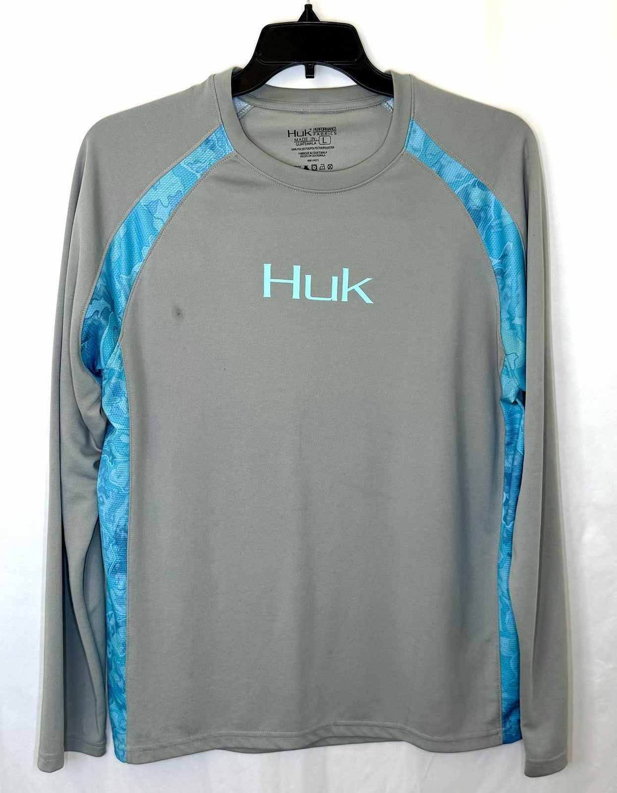 Huk Performance Fishing Shirt Strike Solid Long Sleeve Large Gray w/Blue Logo