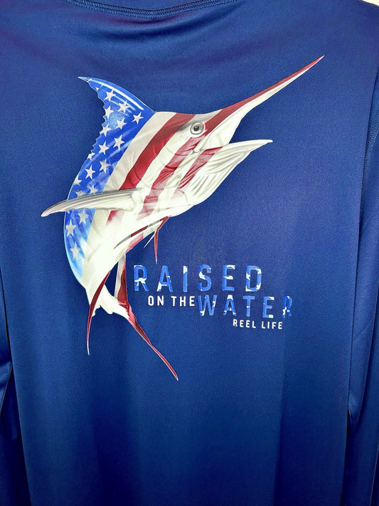 NWT Reel Life Sz Medium “Raised On The Water” L/S T-shirt Patriotic Swordfish