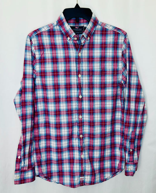 Vineyard Vines Slim Fit Tucker Shirt Men's X-Small plaid blue pink long sleeve