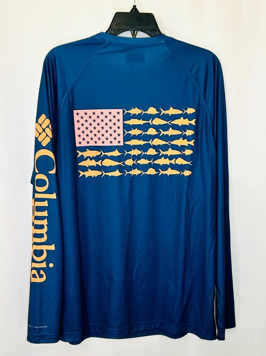 Columbia Fishing Shirt Mens Long Sleeve Fish USA Flag Blue Size Medium