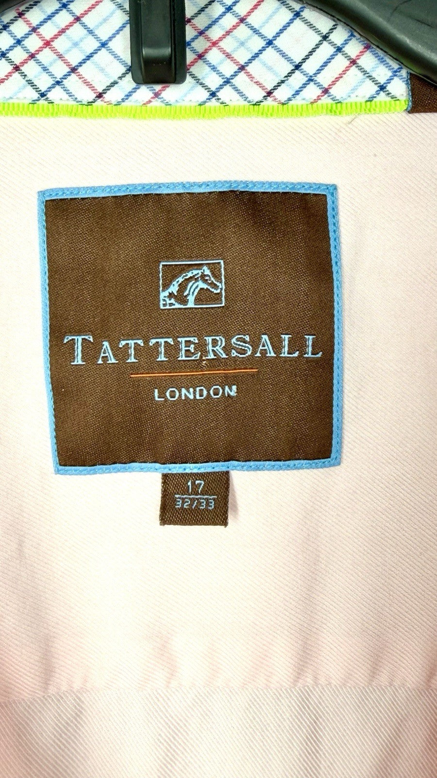Tattersal London shirt men's large 17 32-33 pink white check long sleeve