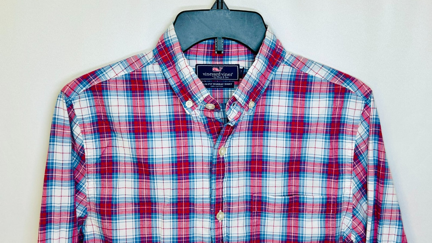 Vineyard Vines Slim Fit Tucker Shirt Men's X-Small plaid blue pink long sleeve