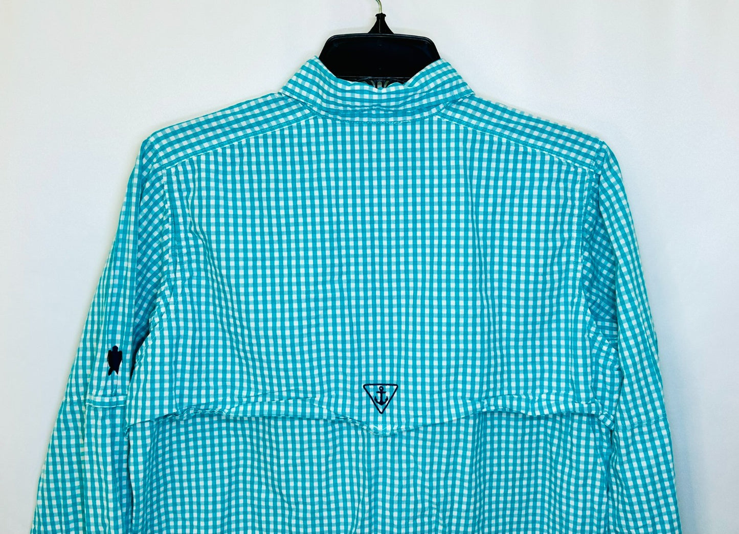 Simply  Southern Button Down Shirt Mens Small Teal Green Plaid Logo Collared L/S
