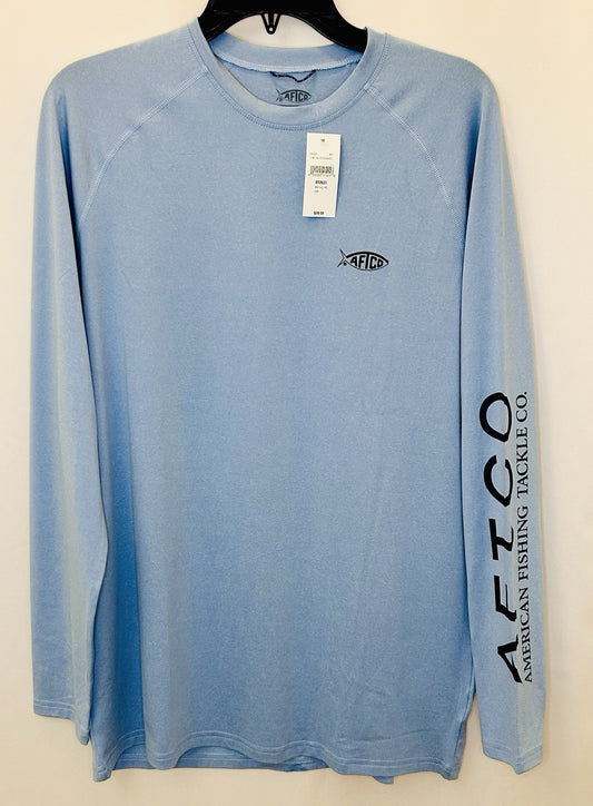 NWT AFTCO SAMURAI SUN SHIRT - MEN’S SIZE Medium - Light Blue With Navy Blue Logo