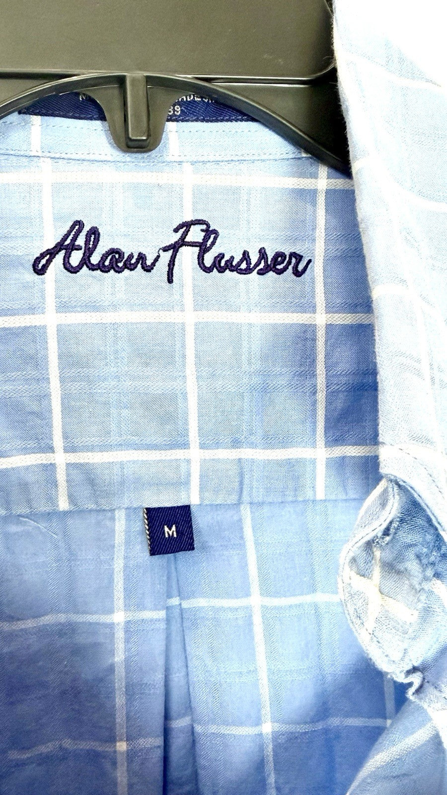Alan Flusser Men’s Medium Blue Checkered Button Up Mens Shirt Plaid L/S Cotton