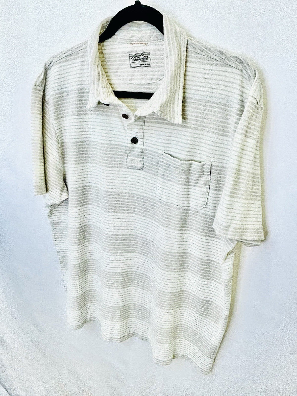 Patagonia Mens Large Trail Harbor Beige Striped Hemp Cotton Golf Polo Shirt