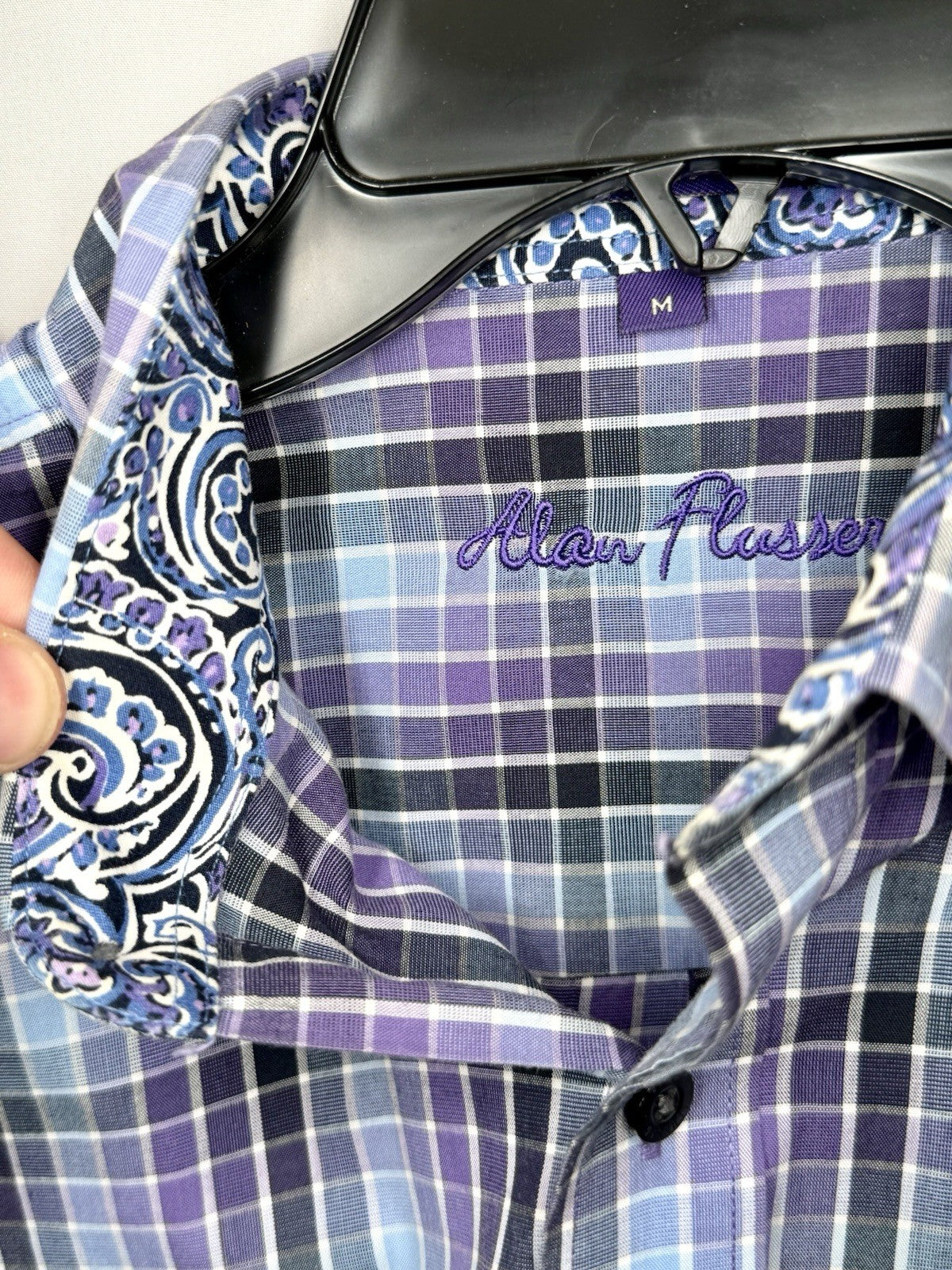 Alan Flusser Mens Medium M Purple Plaid Paisley Trim LS Button Front Sport Shirt