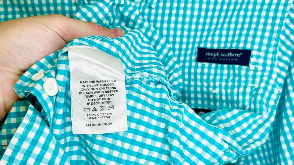 Simply  Southern Button Down Shirt Mens Small Teal Green Plaid Logo Collared L/S