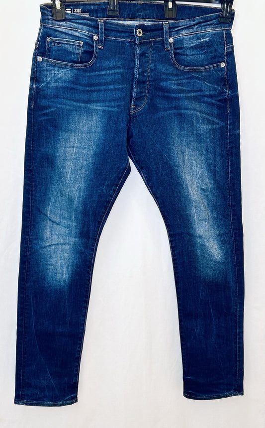 G-Star Raw Jeans Men’s 34x30 Blue Denim Slim 3301 Straight Tapered