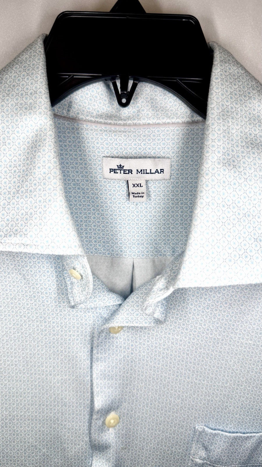 Peter Millar Button Up Shirt Mens XXL White Blue Geometric Cutaway Collar Casual
