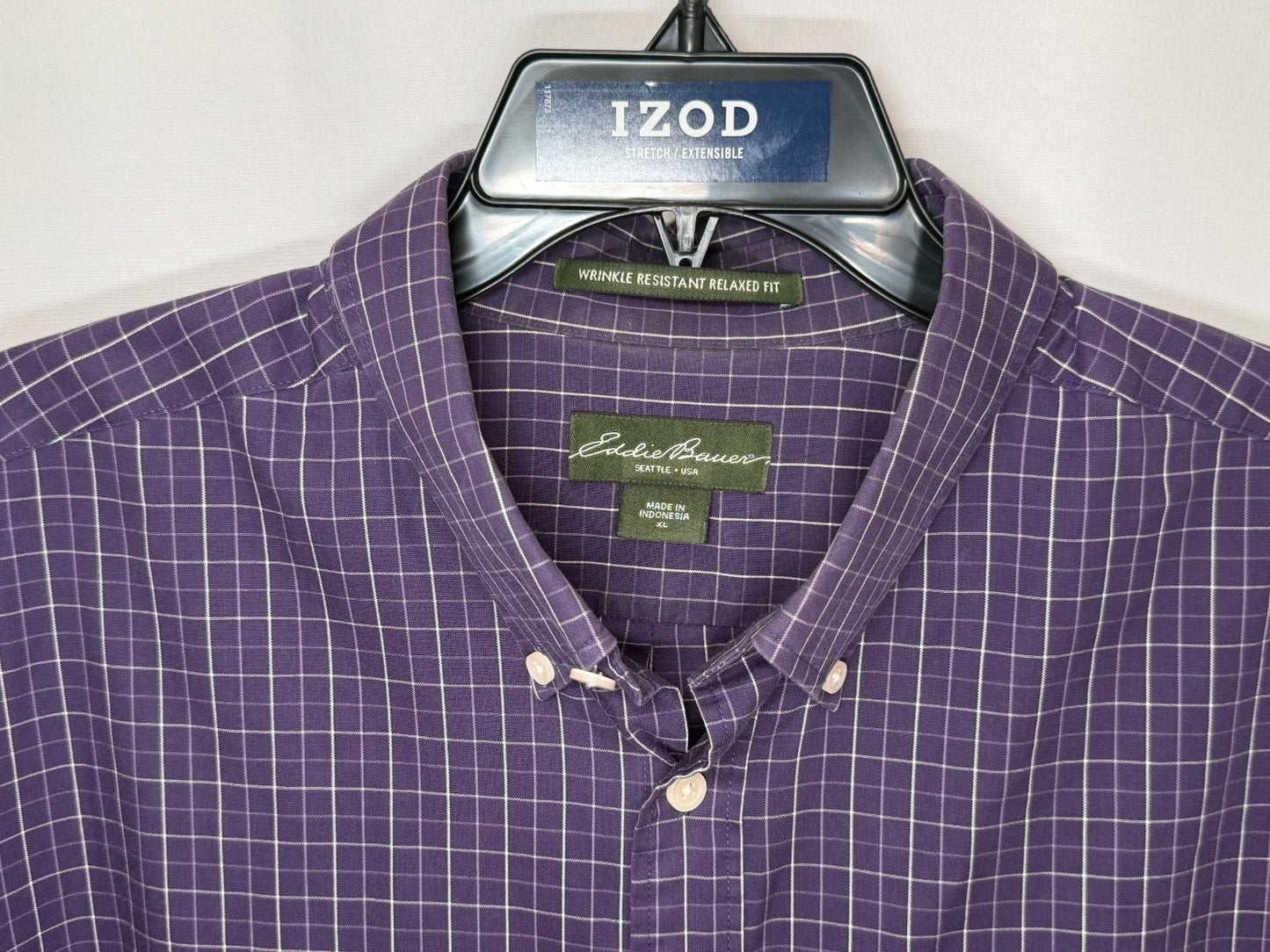 Eddie Bauer Mens Shirt XL Purple Windowpane Grid Wrinkle Resistant Relaxed Fit
