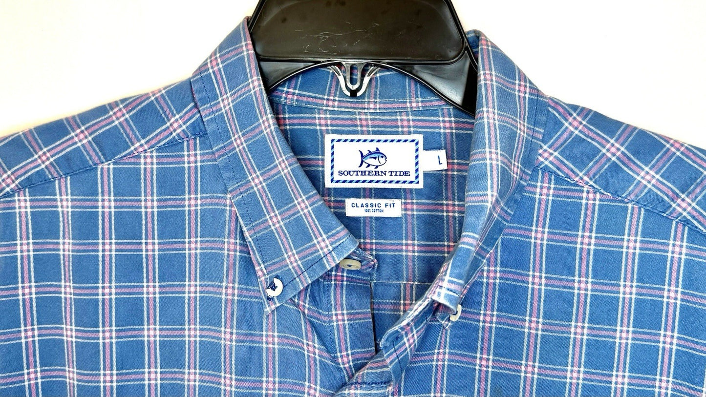 Southern Tide Shirt Mens Large Skipjack Heather Blue Plaid Sport Button Down