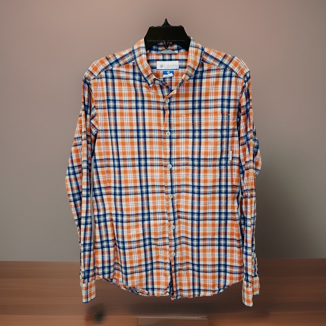 Columbia Plaid Button Up Shirt Long Sleeve Outdoor Casual Blue/Orange Mens Small